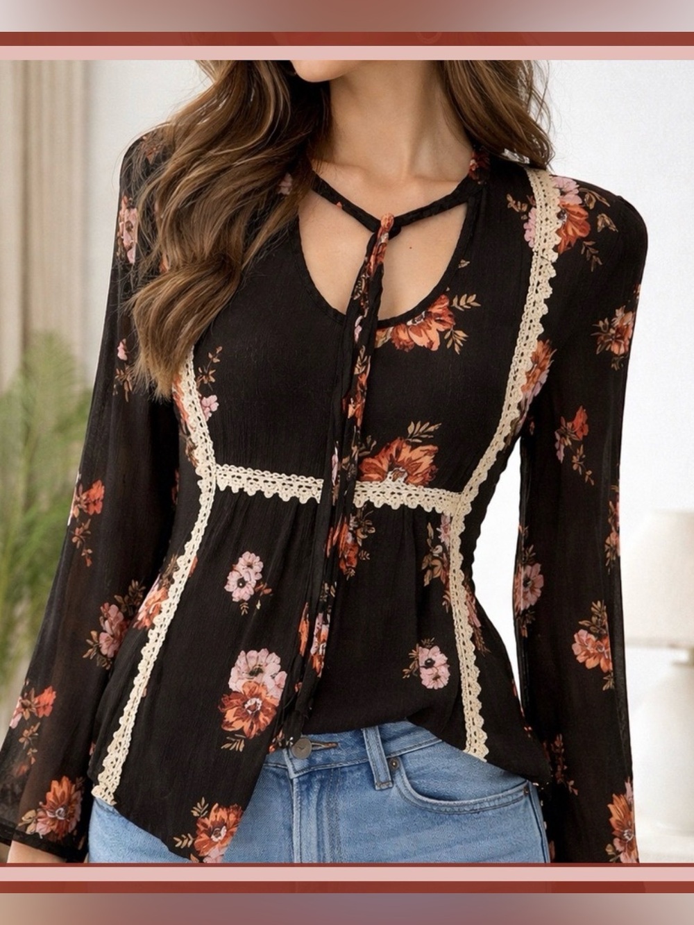 Eyeshadow L Romantic Y2K Lace Trim Sheer Flowy Floral L/S Blouse